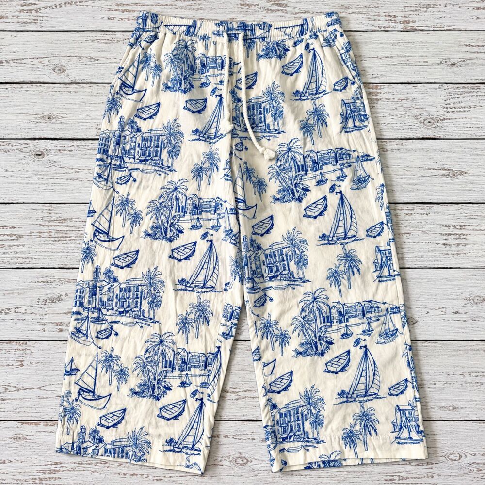 Cynthia Rowley Nautical Toile Embroidered Cotton Wide Leg Crop Pants XL NWOT